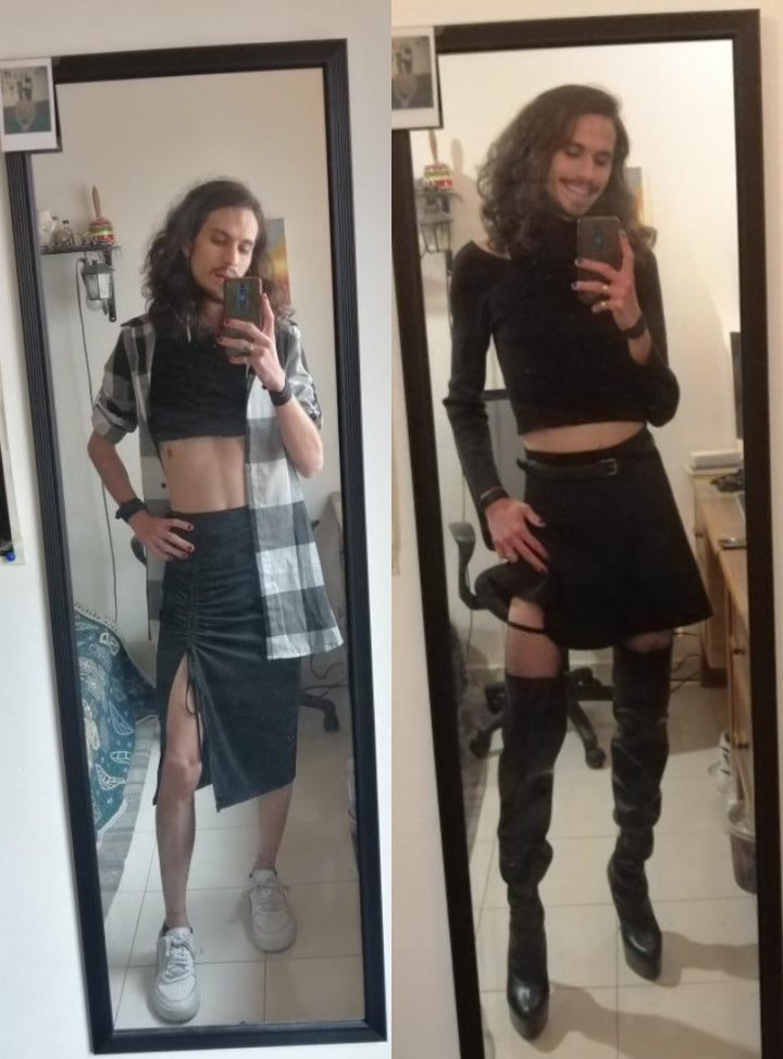 Two images of Maan posting in front of a tall mirror, both with black skirts. Right image with tall black boots, and left image with white sneakers.