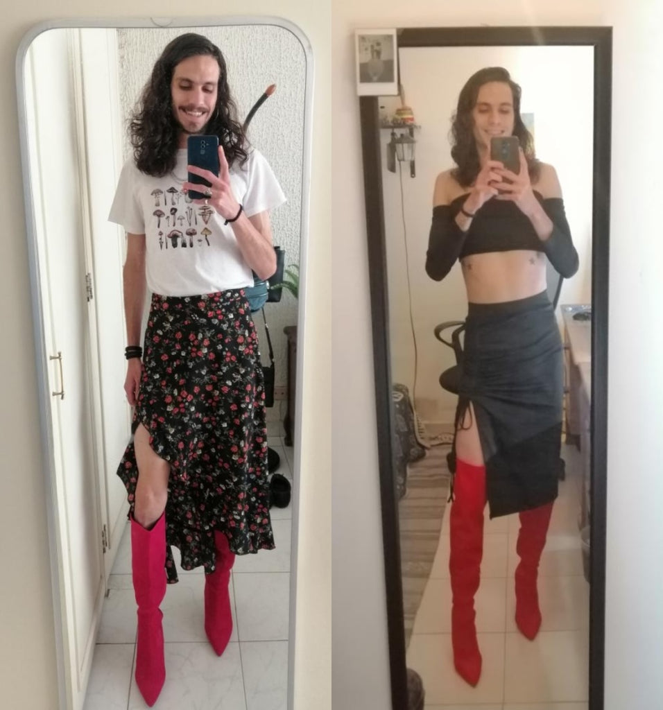 Two images of Maan posing in a tall mirror, both with long red boots, and skirt.
