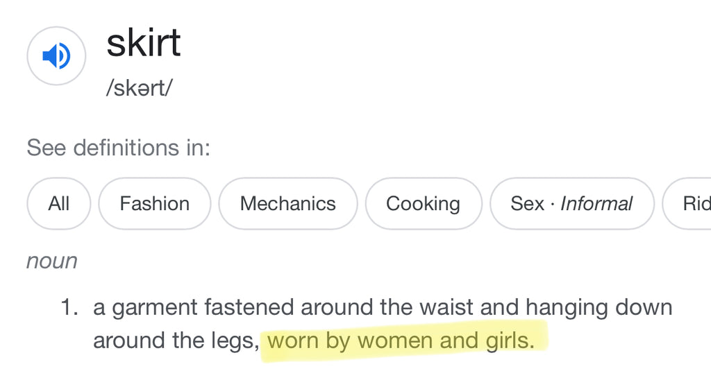 Google search for the word 'skirt' which brings up a definition: a garment fastened around the waist hanging down around the legs, worn by women and girls.