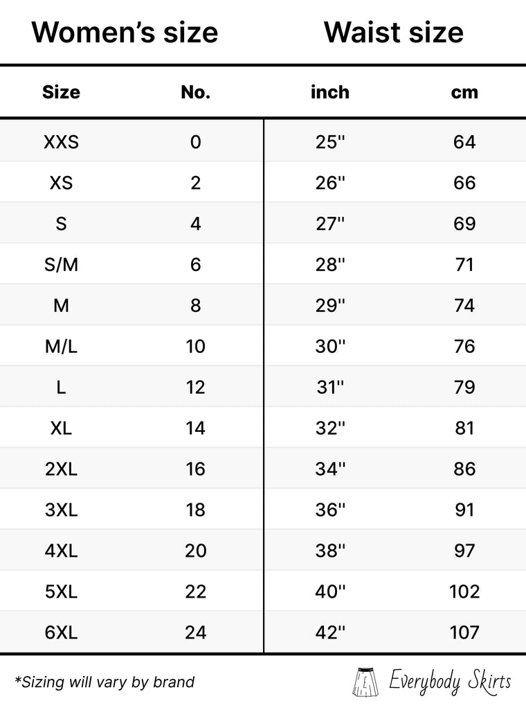 Women's size to Waist size conversion chart. Sizes, numbers, inches, and cm, with 'Sizes will vary by brand' at bottom.