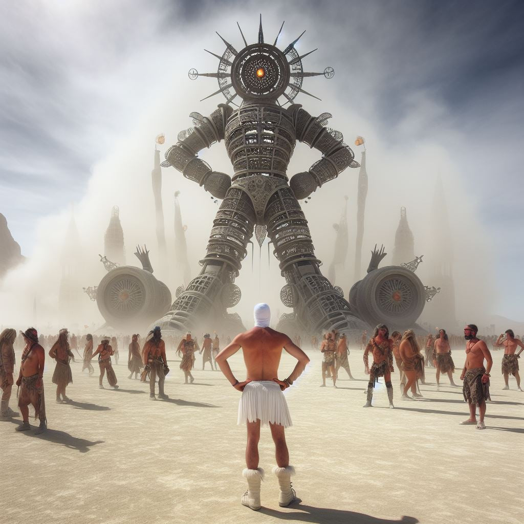 Male bodied person in white skirt and white head wrap looking up at a large grey robot looking art piece, at Burning Man