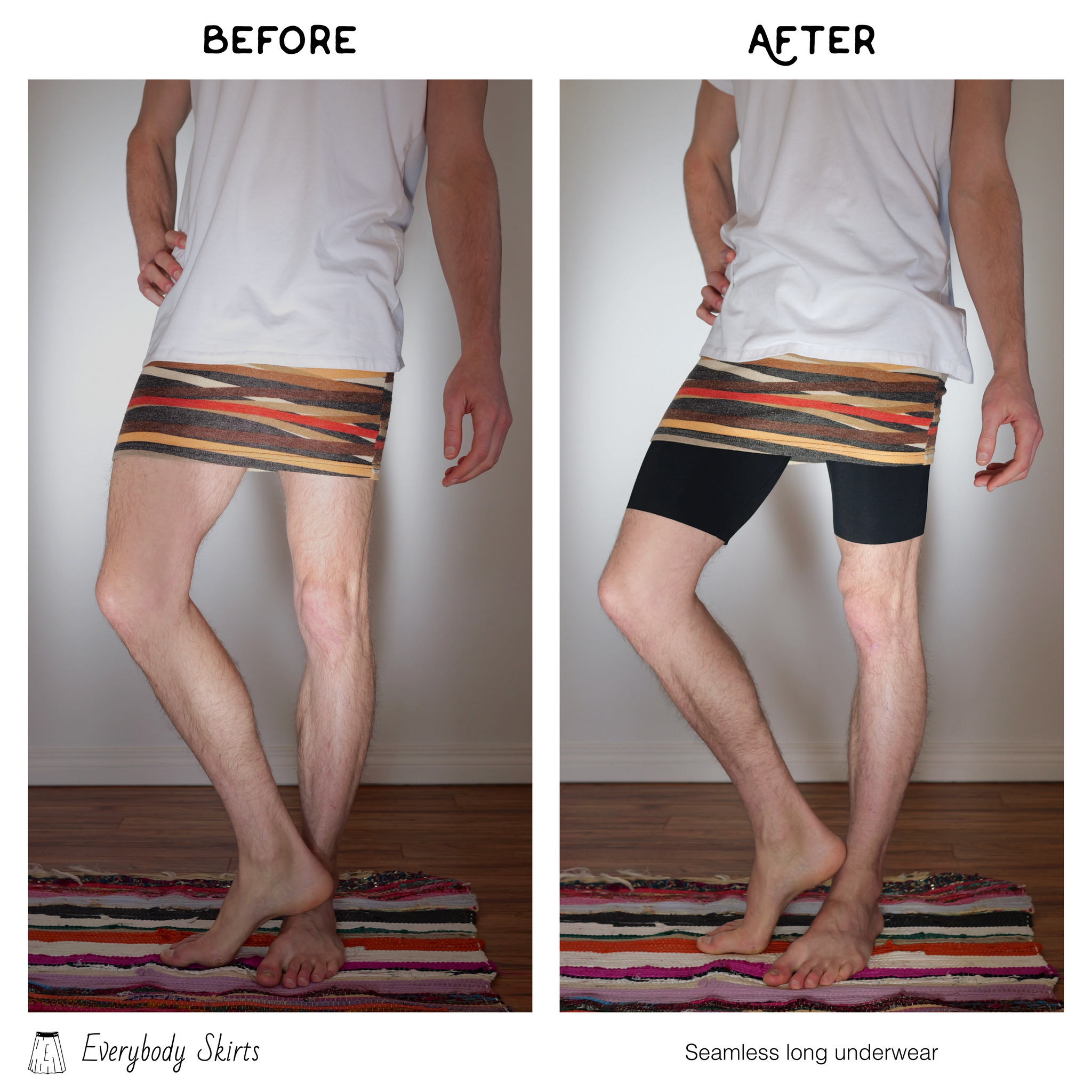 Before and after pictures of a male bodied individual with white shirt and yellow/red/orange/brown striped mini skirt. Bare legs in left shot, and long black seamless underwear in right shot.