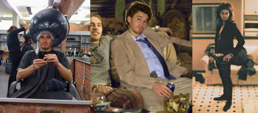 Left: me getting a perm at the hairdressers — big bubble shaped machine around my head; Middle: Me sitting on a couch with a perm, in a suit, holding a beer can, photoshopped into a scene from movie ‘Pineapple Express’; Right: Going as Russell Brand for Halloween, standing in a kitchen with tight black clothing, messy and poofy hair, and many necklaces and rings.