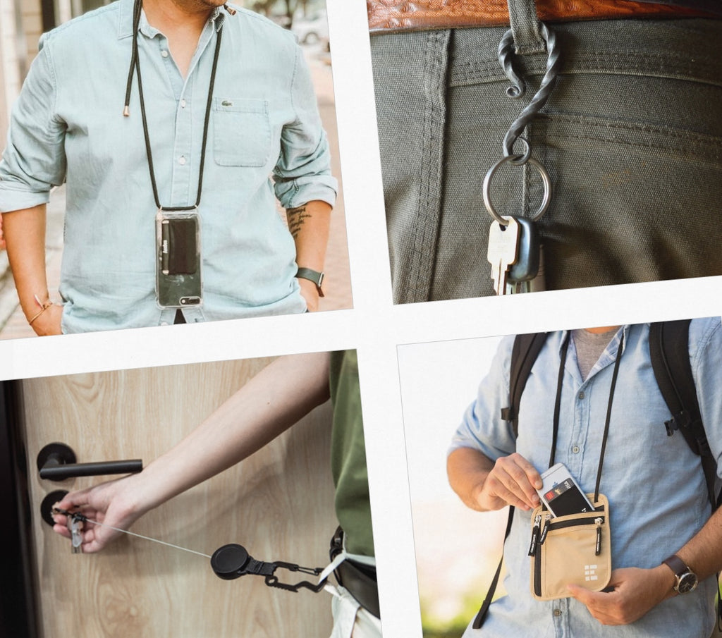 Someone with a necklace phone case with card slots, then a belt loop with keychain hanging from it, then a retractable keychain being used to open a door, then a pocketed pouch hanging from a neck.