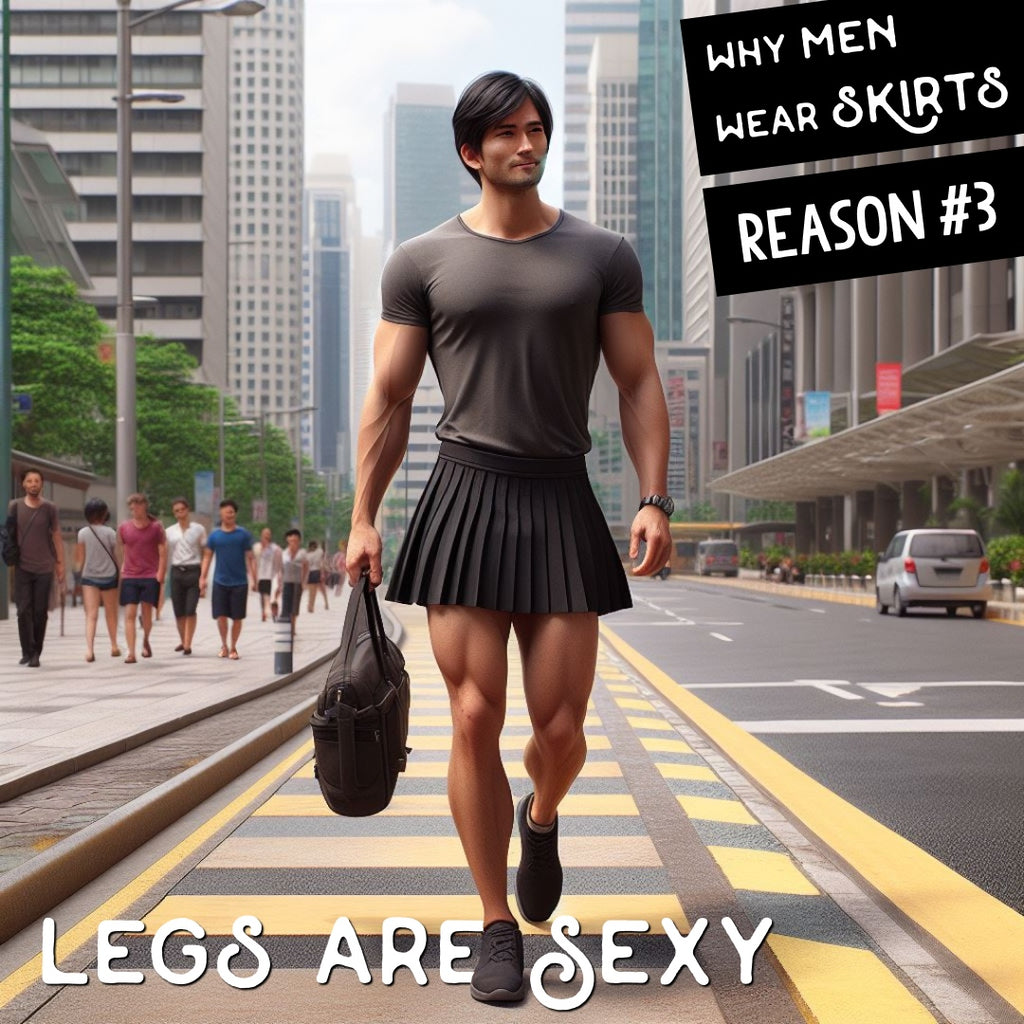 An Asian man walking down the yellow path where a train might go in the city, in a black skater skirt, grey t-shirt tucked in, holding a black bag. Caption: Why men wear skirts, Reason #3, Legs are sexy