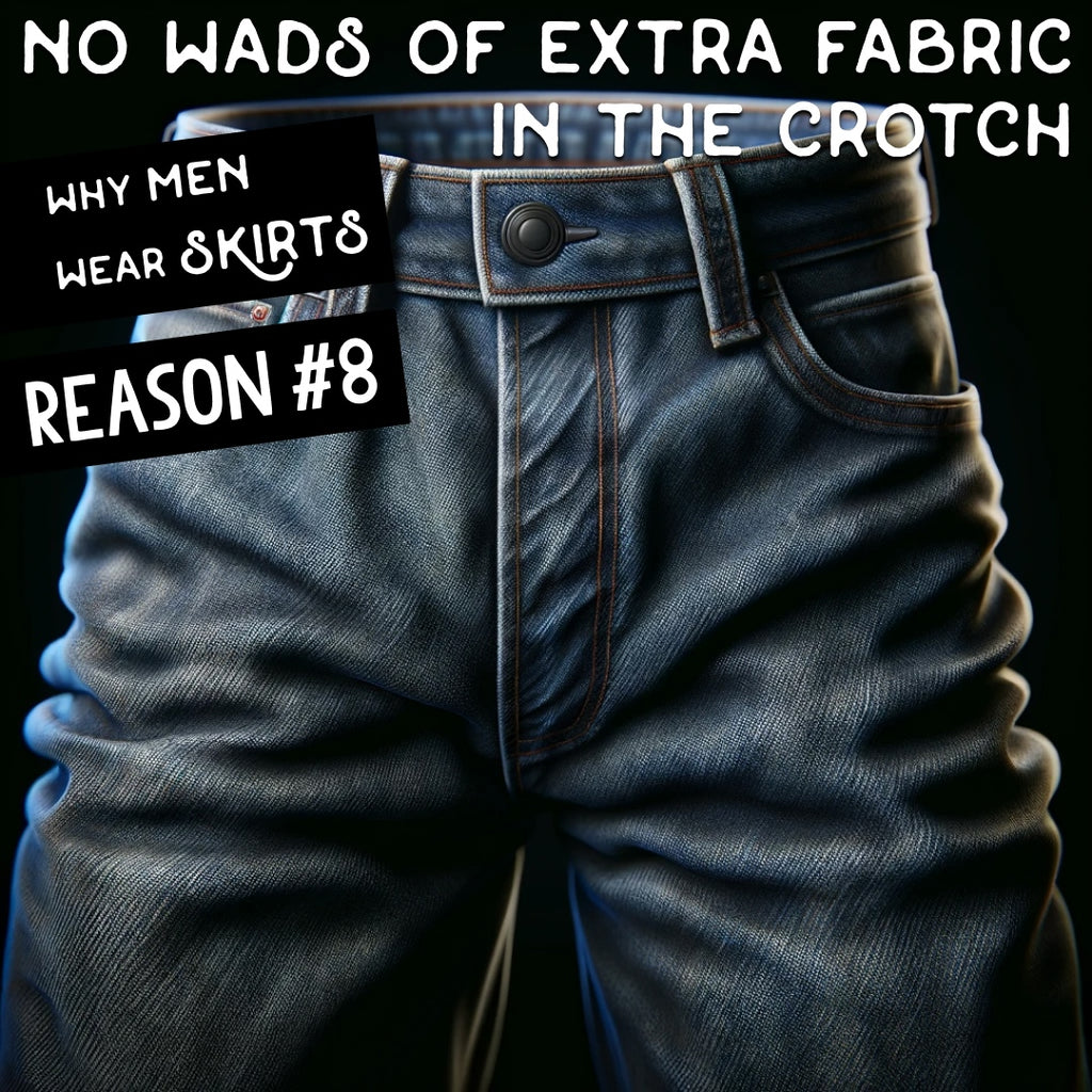 Why men wear skirts - reason #8: No wads of extra fabric in the crotch (image of jeans with fabric bunched up around the crotch)