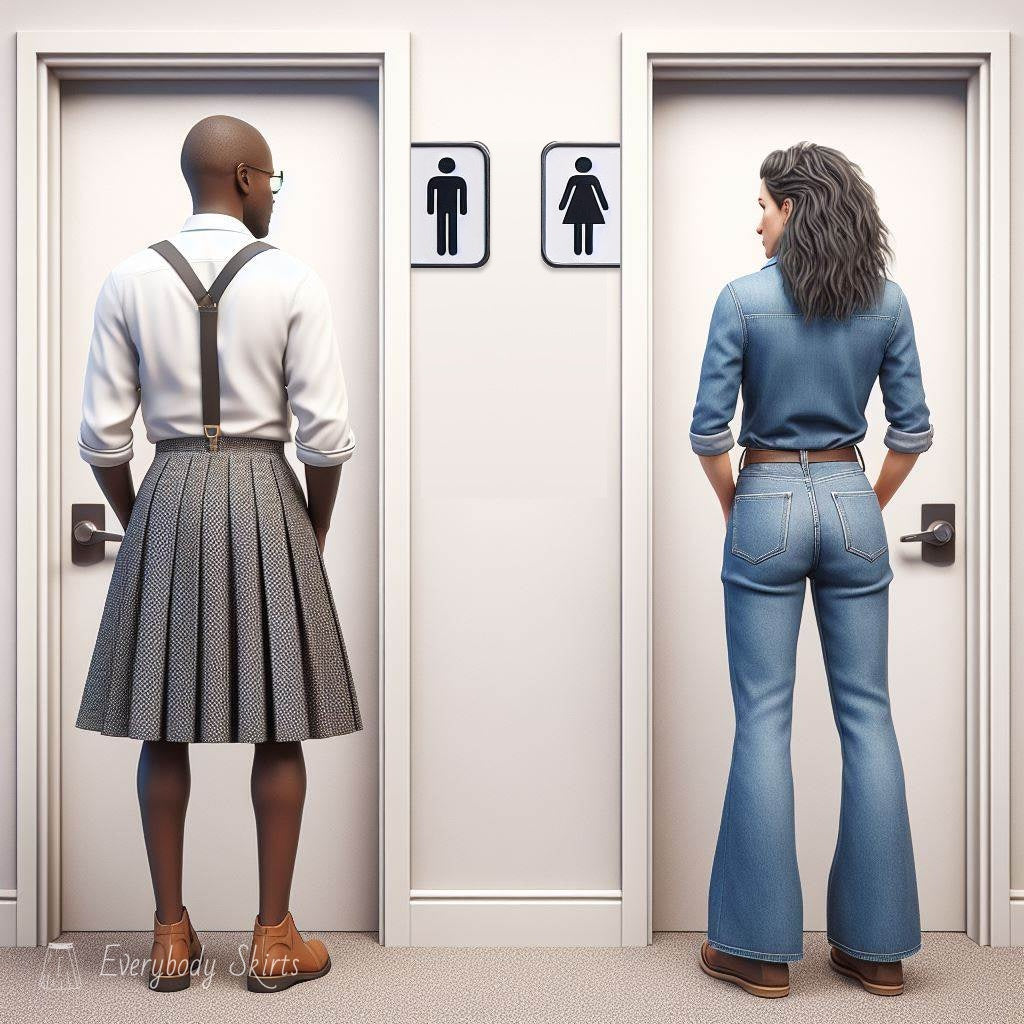 A black man in a skirt and suspenders, and a white woman with jeans. Both are outside two bathroom doors, and looking at the man/woman bathroom symbols.