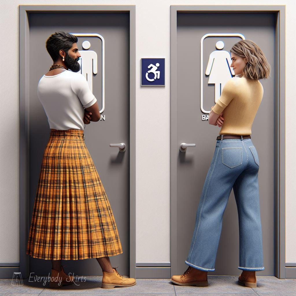 A brown man in a long orange plaid skirt and white shirt, and a white woman with jeans. Both are outside two bathroom doors, and looking at each other, with man/woman symbols on the doors, and a wheelchair symbol between.