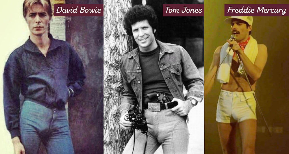 Left: David Bowie with jean bulge; Middle: Tom Jones with jean bulge and gun and binoculars; Right: Freddie Mercury with shorts bulge on stage.