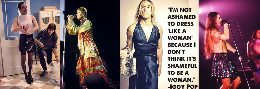 From left to right: Freddie Mercury with shiny black skirt, black tights, and high heels; David Bowie on stage leaning into a stand-up microphone that he’s holding, with long shirt and matching skirt + pants, all gold and red; Iggy Pop in black dress, holding a grey/white purse in one arm, withquote “I’m not ashamed to dress ‘like a woman’ because I don’t think it’s shameful to be a woman.”; Anthony Keidis in shiny sequin black/silver skirt, shirtless, singing into microphone on stage.