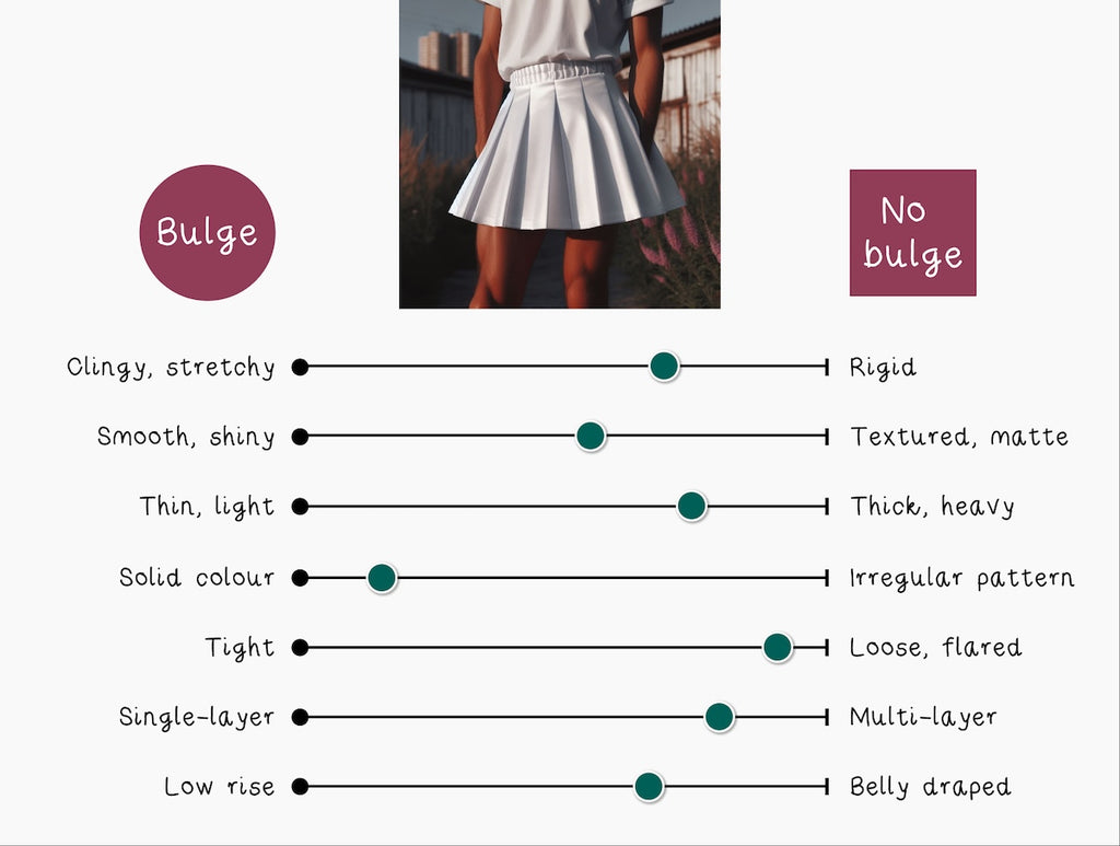Male bodied person wearing white skater skirt, being ranked across various scales from 'Bulge' to 'No bulge'. Multi-layer is highest ranking towards 'No bulge'.