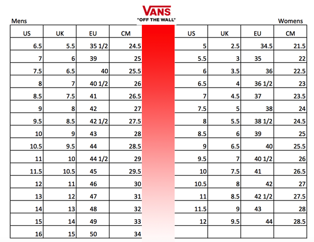 vans slip on size chart