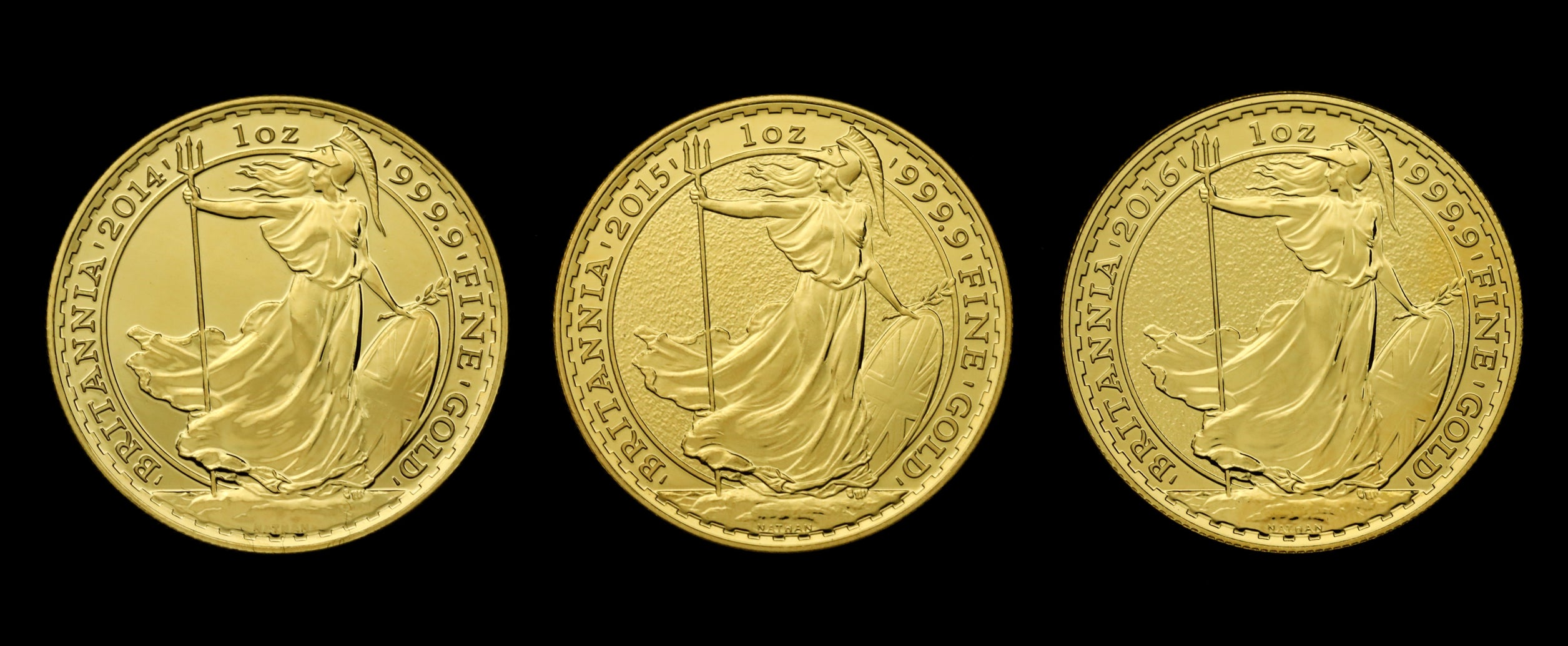 イギリス 2016年 ブリタニア Bullion 100ポンド(1oz)金貨(3枚セット)：裸-UNIVERSAL COIN