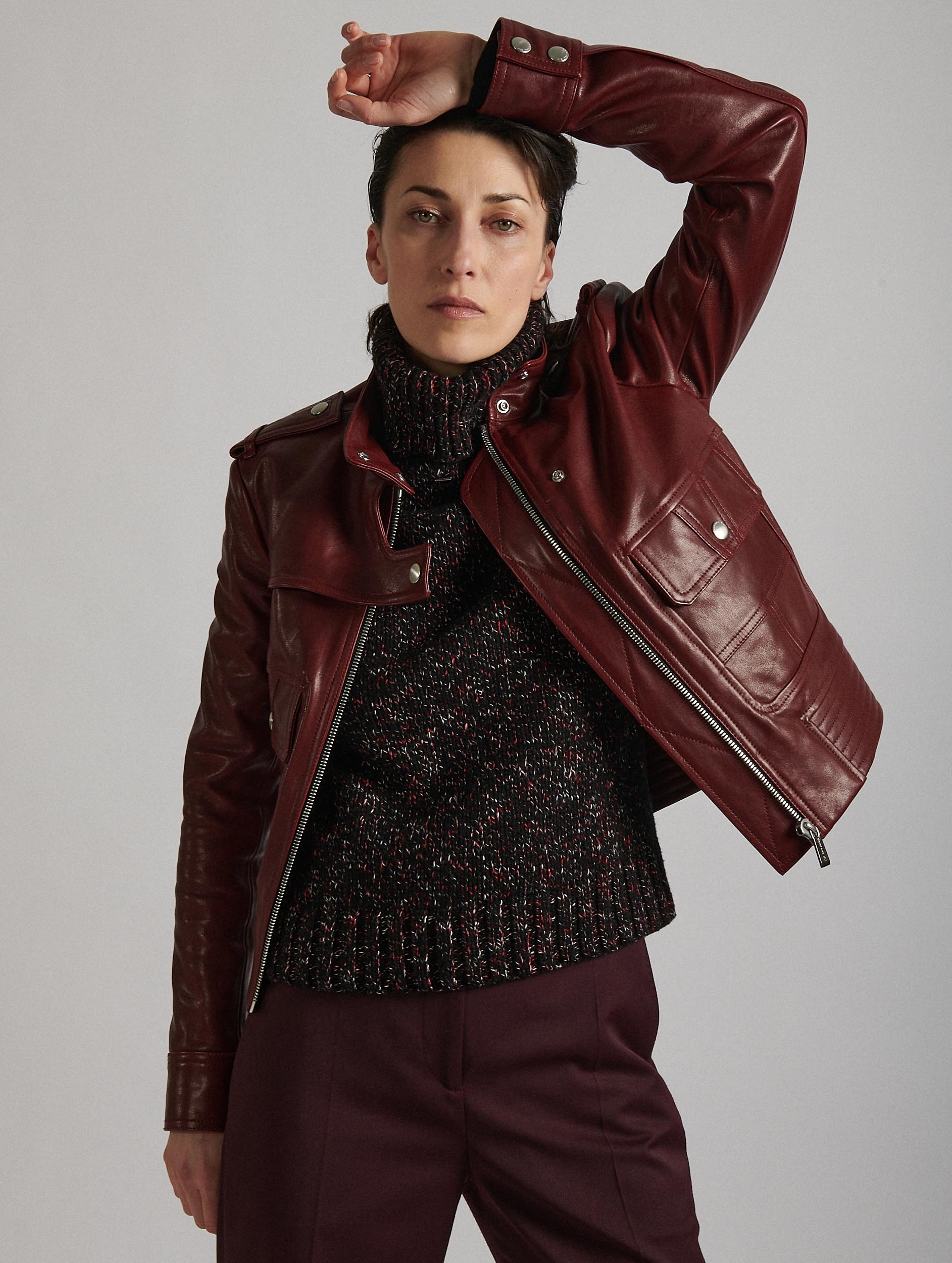 Blouson pilote en cuir plongé bordeaux - Barbara Bui E product image