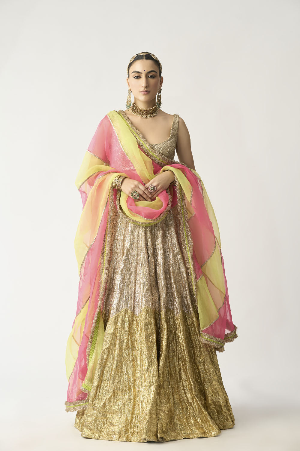 Amber yellow lehenga in floral motif with rani pink dupatta KALKI Fashion  India