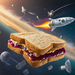images of pbj sandwich in outer space orbit alongside rocket ship. stars, and satellites