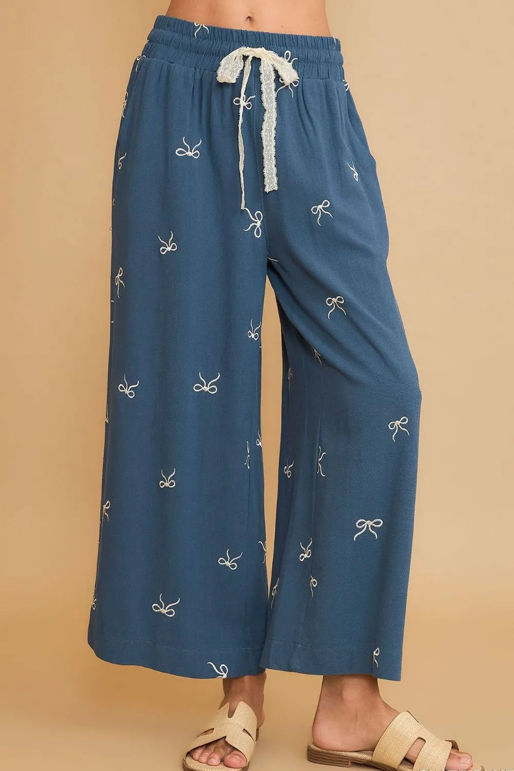 Umgee Full Size Lace Drawstring Embroidered Bow Wide Leg Pants Plus Size