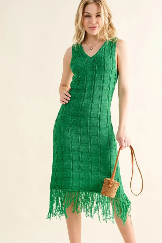 And The Why Checkerboard Drop-Needle Fringe Sleeveless Dress