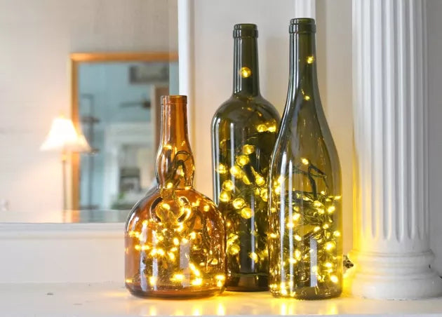String lights in wine bottle
