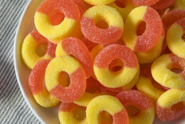 peach rings in a white bowl