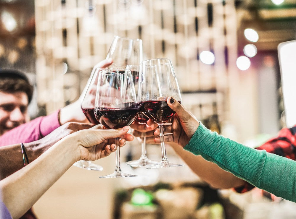 a group of friends toast together with red wine