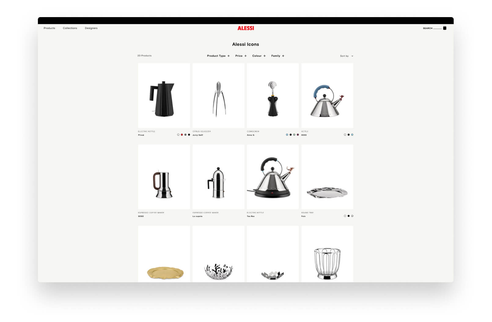 A screenshot of the Alessi online store displayed on desktop, showing various different types of kitchenware.
