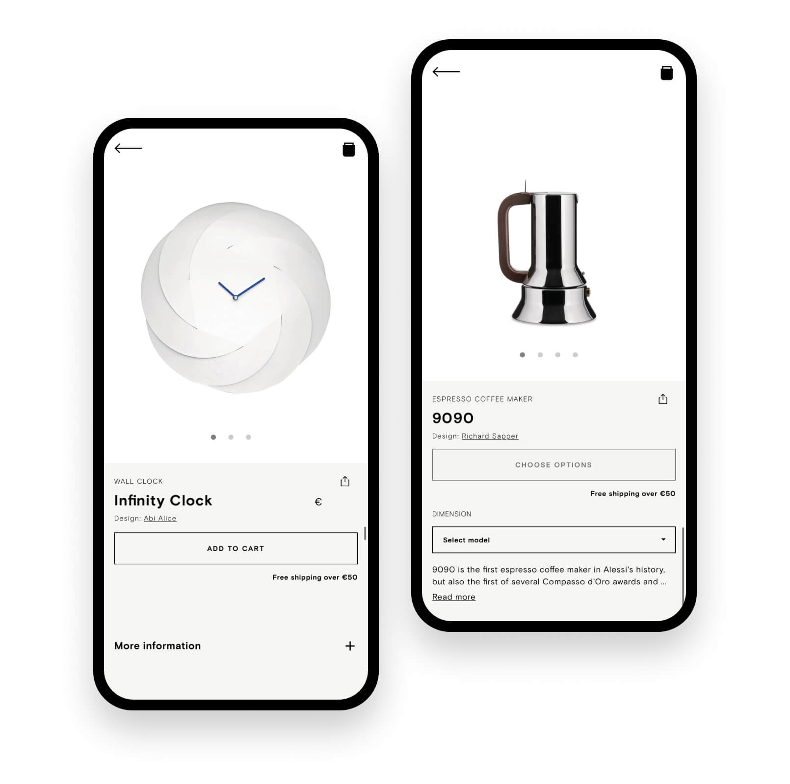 The Alessi online store displayed on two mobile devices showing the product pages for a modern clock and an espresso coffee maker.