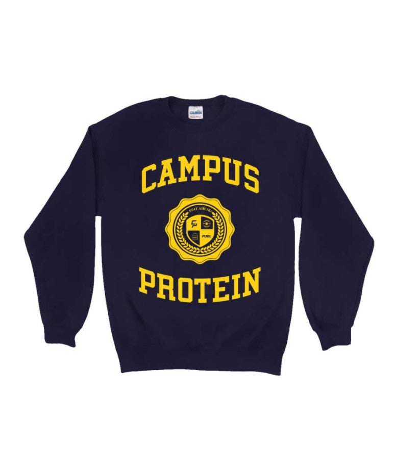A navy blue crew neck sweater that says Campus Protein in a bright yellow, bold font across the front.