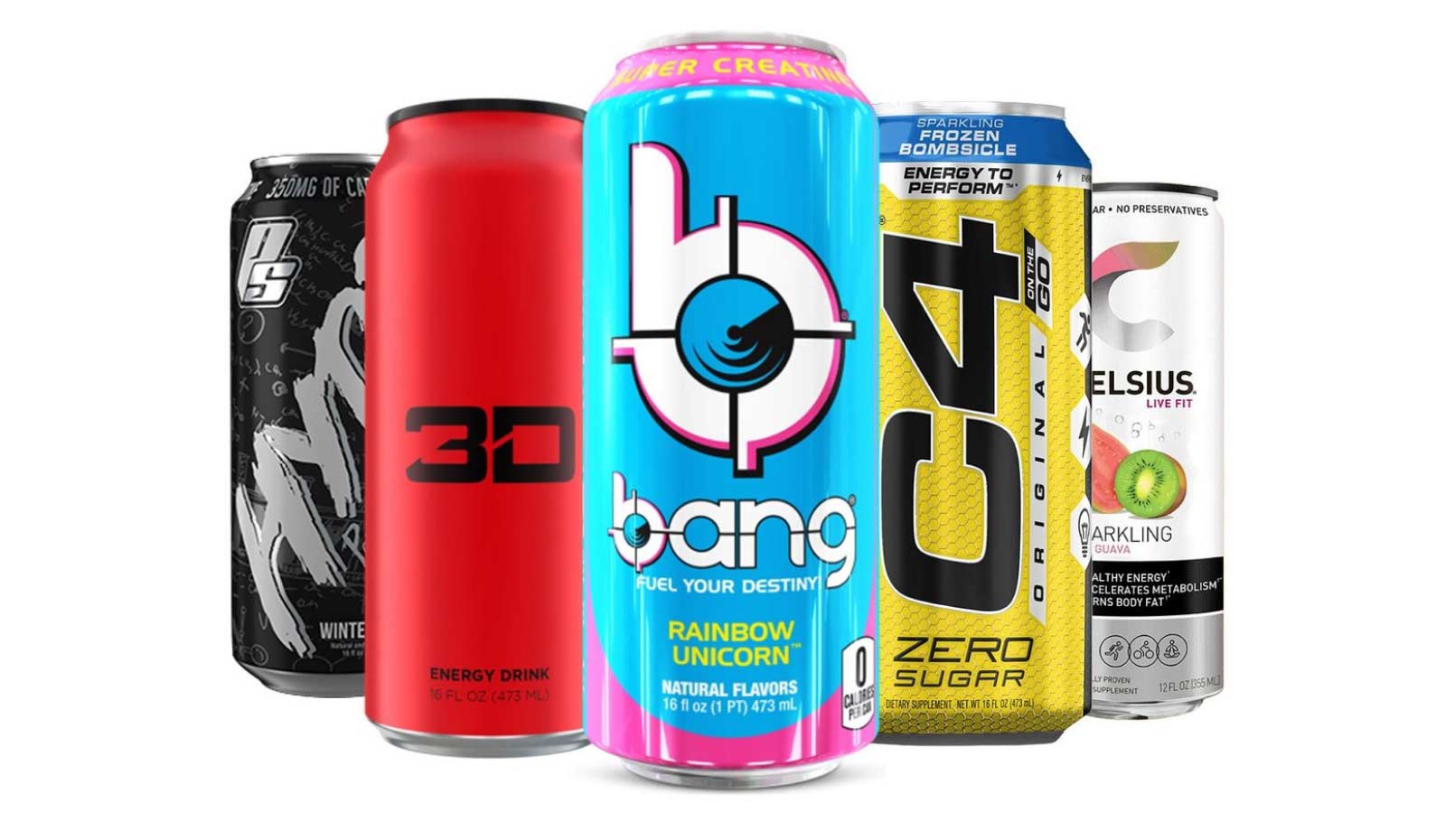 Five brightly coloured cans of energy drinks.