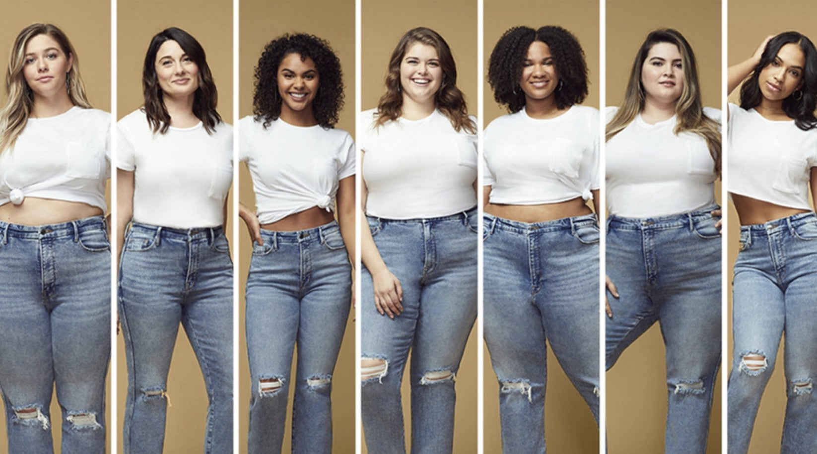 Seven models of all sizes are shown side-by-side, all wearing white tops and light wash jeans.