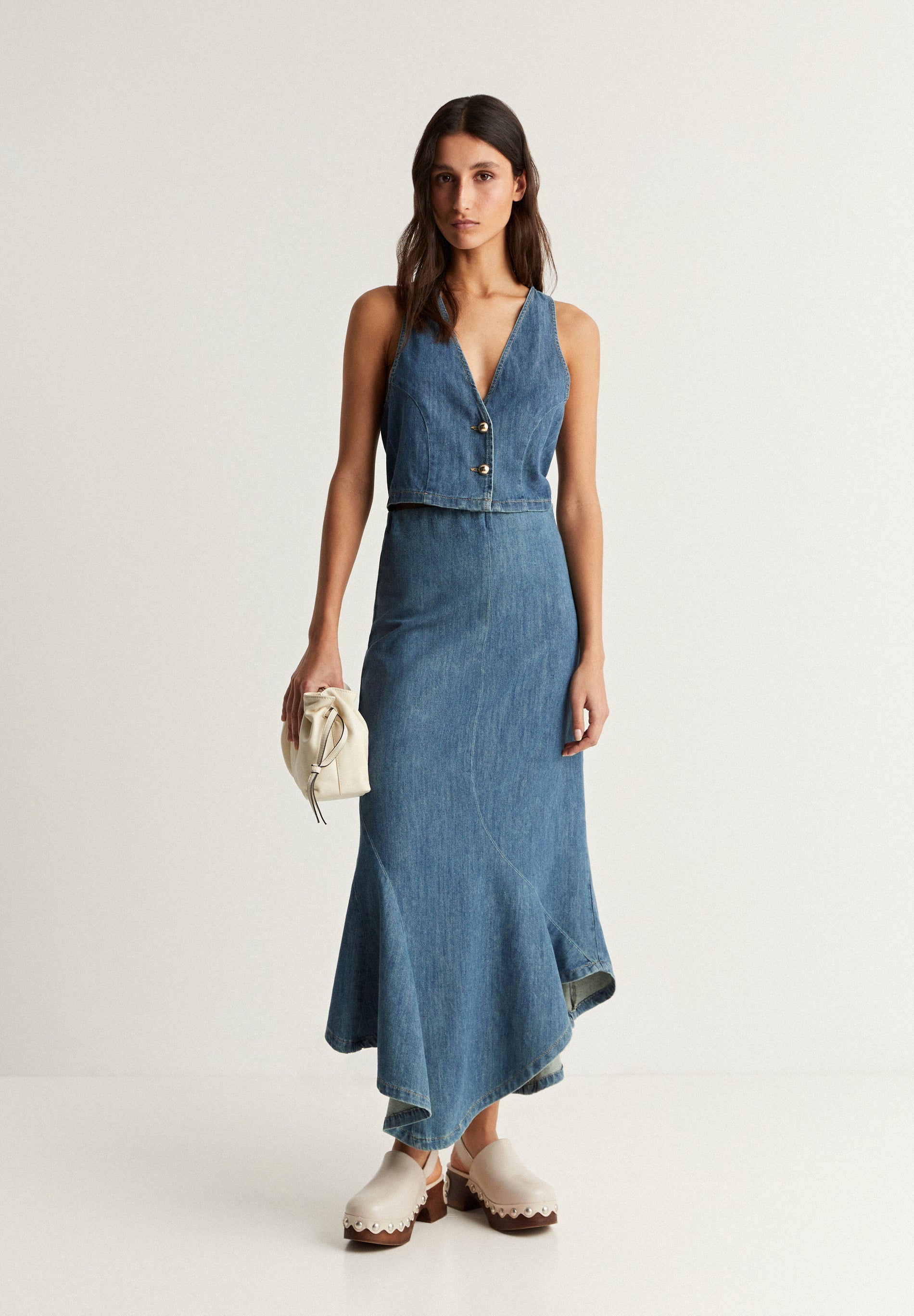 DENIM MIDI SKIRT WITH FLOUNCE HEM