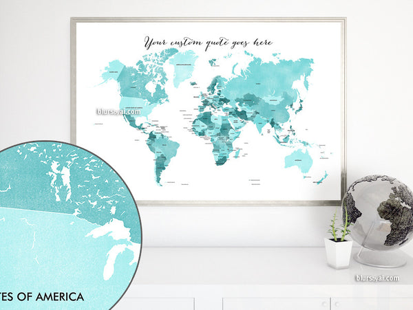 Personalized world map printable art in light aquamarine – blursbyai