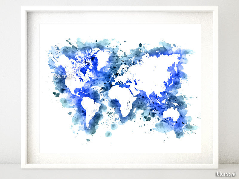 Cobalt Blue Watercolor World Map In Distressed Strokes