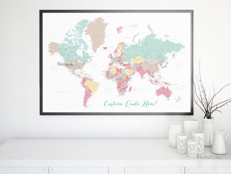 Custom Print World Map With Cities In Soft Colors Pretty Pastels Blursbyai