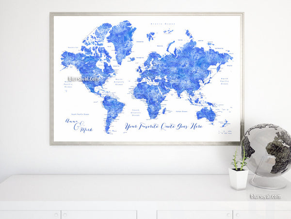 Personalized world map printable art in blue watercolor effect – blursbyai