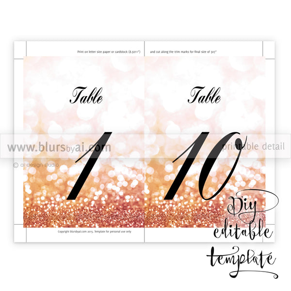 5x7 table numbers editable template for word in rose gold