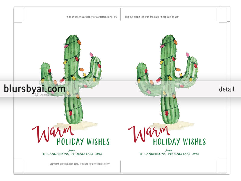 Editable Pdf Christmas Card Template Watercolor Cactus With