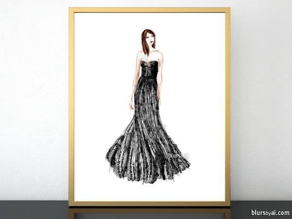 Printable fashion illustration: sequin gown in black and silver – blursbyai