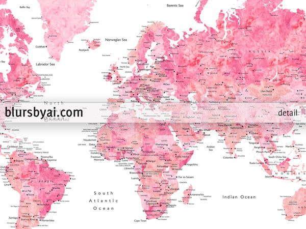 Custom map print: world map with cities in pink watercolor ...