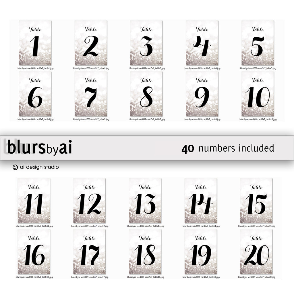 4x6 table numbers in silver glitter and black calligraphy font print