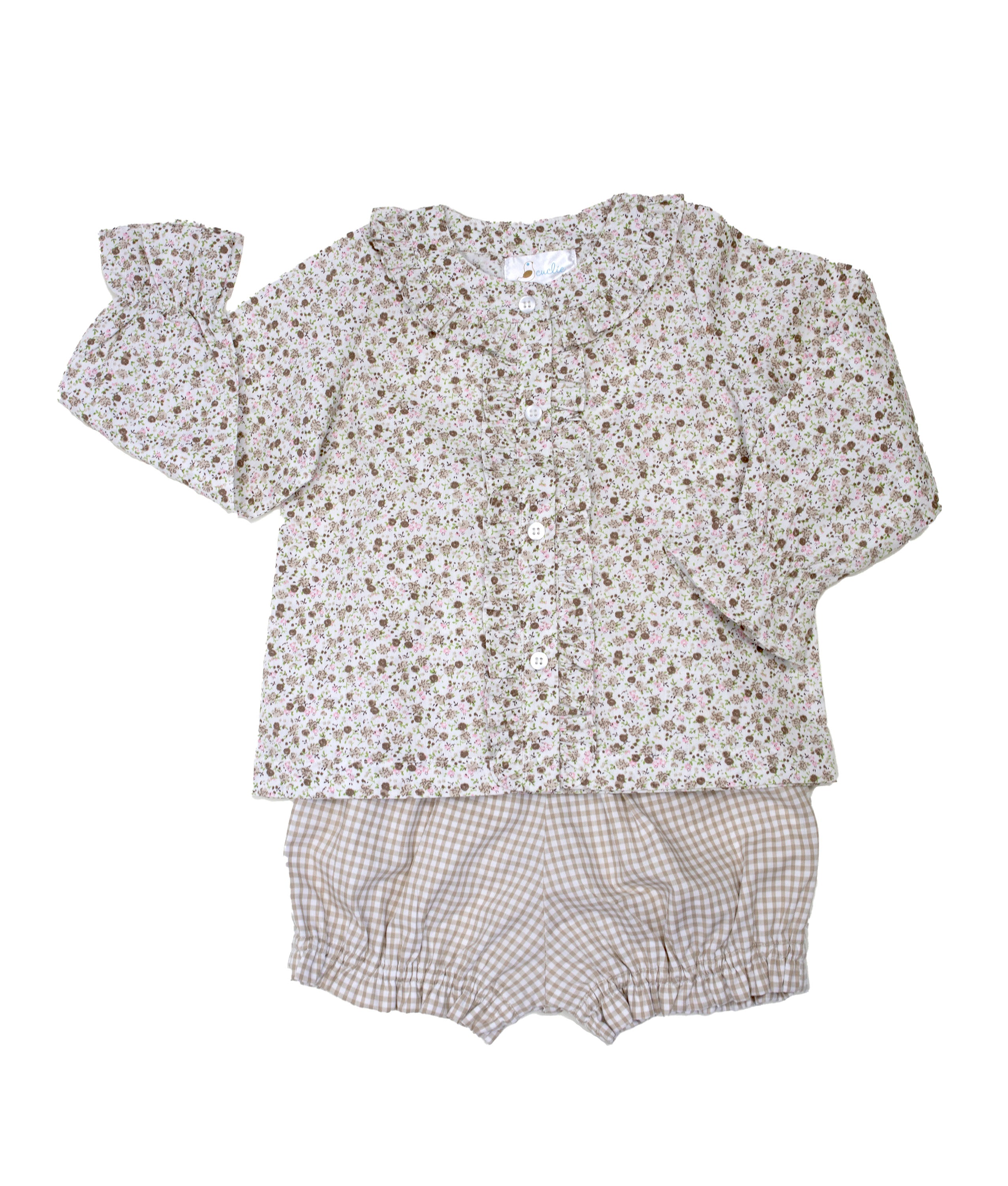 Taupe Floral Ruffle Blouse Set