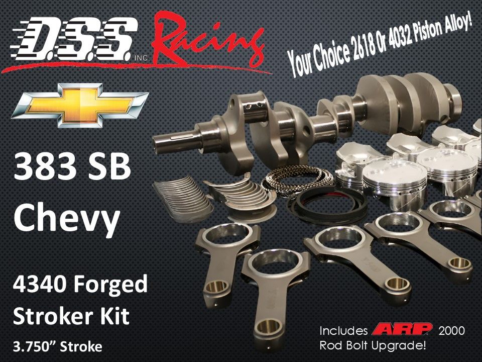 SK383-3750-6000-2PC-2408-4185 383 Small Block Chevy Stroker Kit DSS 4340 Forged Crank and H beam Rods with ARP 2000 bolts DSS Racing FX Series Forged pistons & XP Ring set +4cc Dome Top SBC 23 Degree
