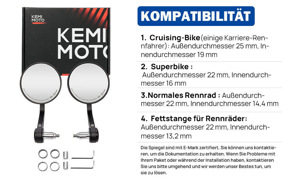 Lenkerendenspiegel Motorrad 360°drehbarer, CNC Spiegelstange – DE Kemimoto