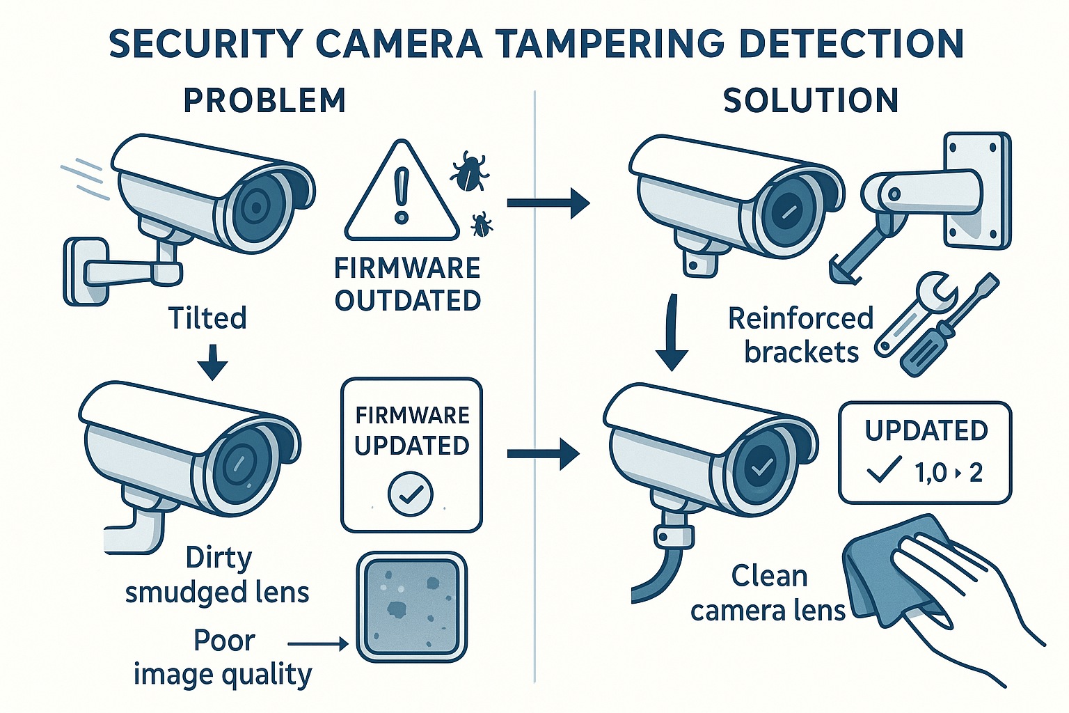 "Tampering Detection Triggers When There’s No Interference"
Why?
Camera is rotated slightly by wind (misinterpreted as tampering).
Firmware is outdated (has a bug in tampering detection algorithms).
Lens is dirty (causes changes in image quality that trigger tampering alerts).
Fix:
Tighten the camera mount to prevent wind-induced rotation.
Update the camera’s firmware to the latest version.
Clean the lens with a microfiber cloth (avoid harsh chemicals).