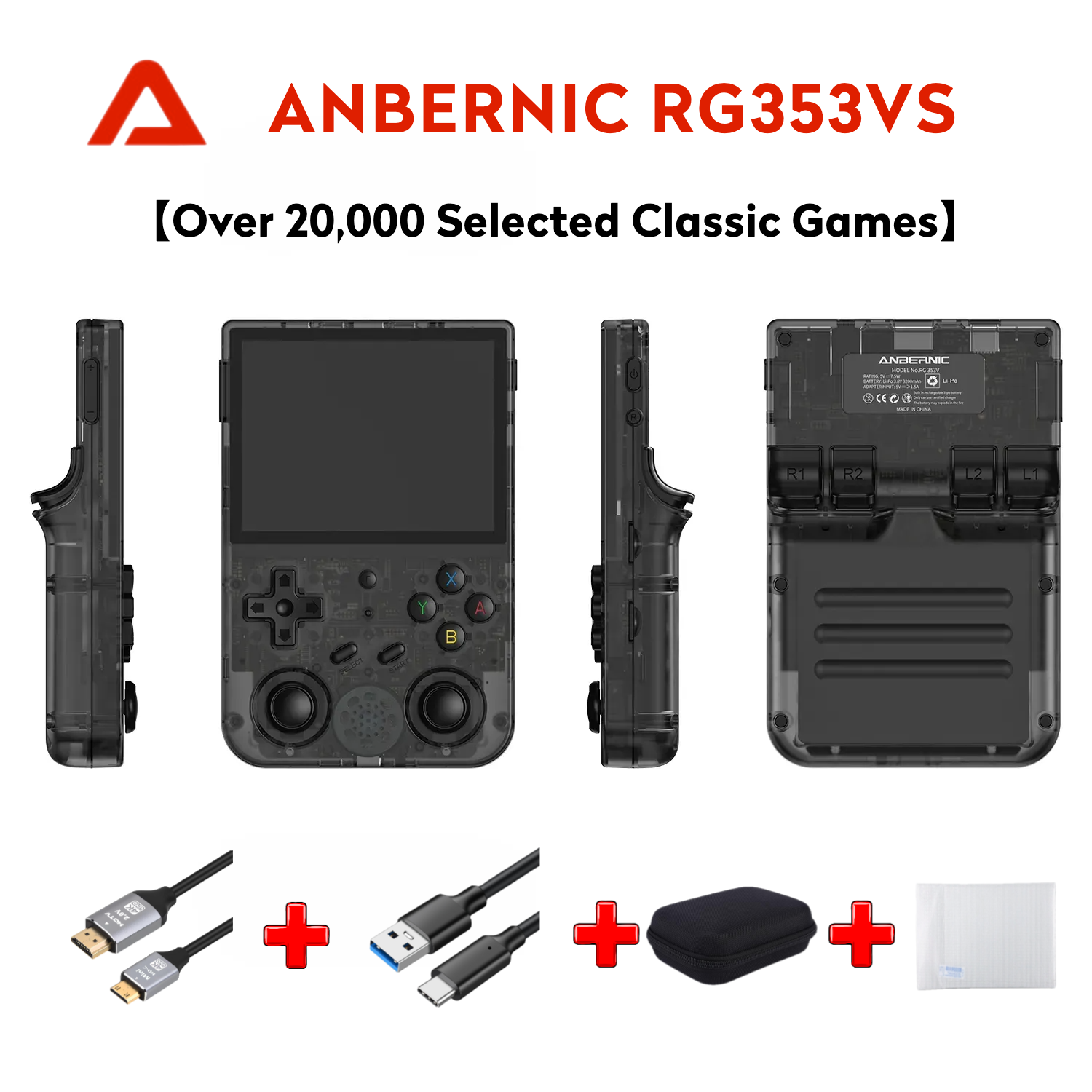 【Super Value Bundle】Anbernic RG353VS【HDMI Cable+Fancy Case+Screen Protector+Type-C Charging Cable 】Handheld Game Console 3.5-Inch IPS Screen Linux System Supports 5G WiFi 4.2 Bluetooth Online Fighting Streaming and HDMI, Over 27K Games Playable