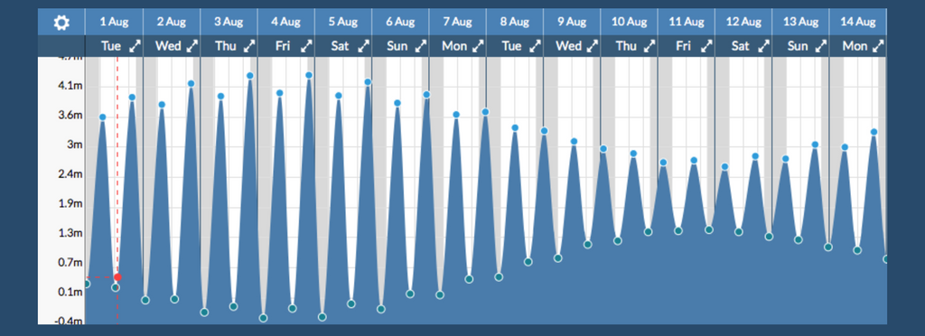 A digital tidal chart showing the tidal range over 14 days. Springs on week one and neaps on week two.