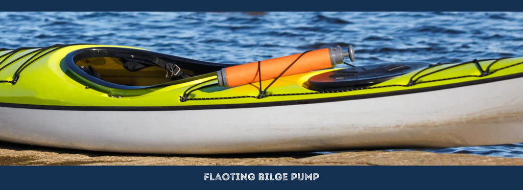 Floating bilge pump stored under the rear deck lines of a sea kayak