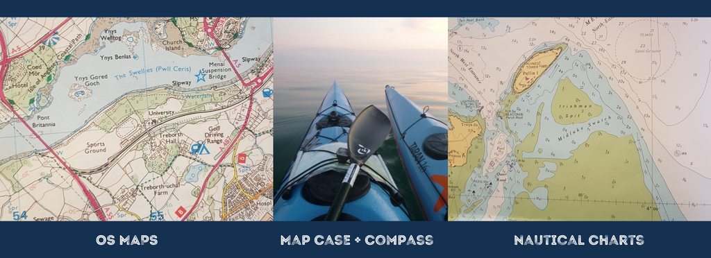 An Ordinance Survey Map, Nautical Chart and a map case. including a deck mounted compass