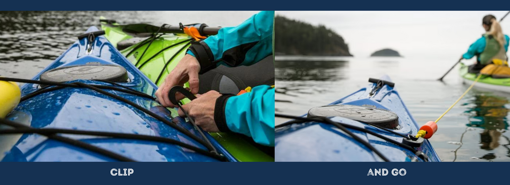 Paddler clipping a tow line to a kayak and beginning the tow