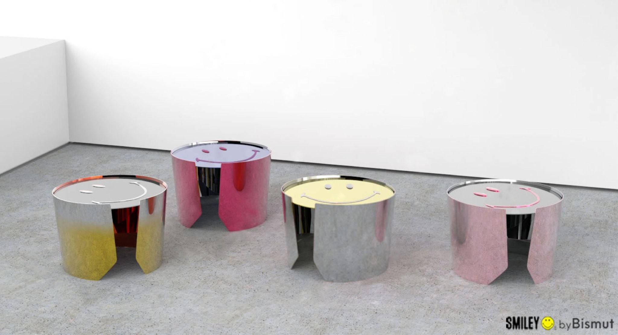 Bismut & Bismut x Smiley tables which are based on Bismut’s Drum collection, with a circular top surrounded by a metal cuff.